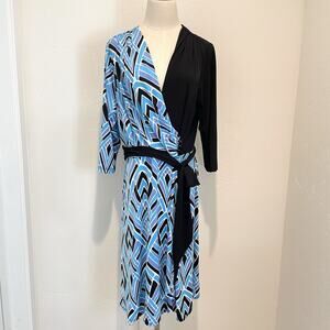 Bob Mackie Asymmetrical Stretch Faux Wrap Dress Womens Large Black Blue Print